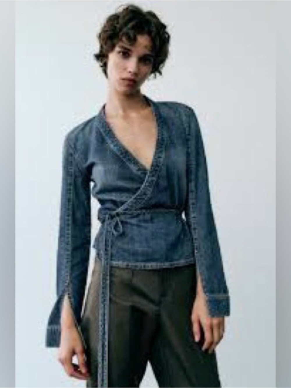 Zara Blue Denim Wrap Blouse with Self-Tie Waist